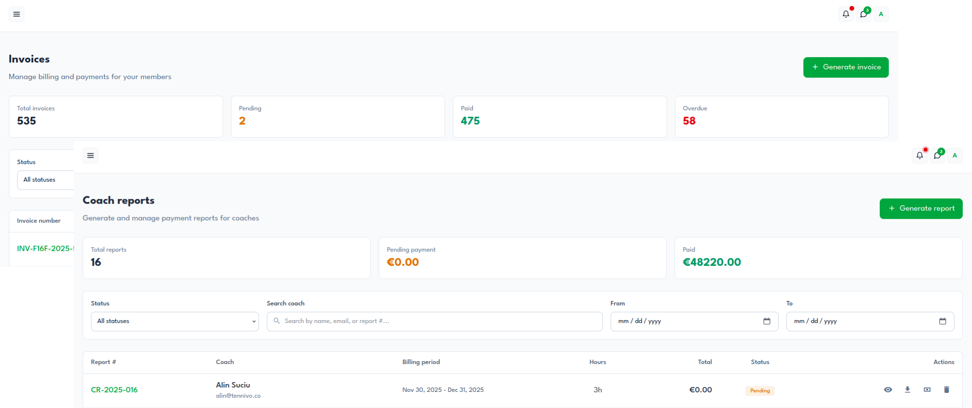 Analytics dashboard showing invoices overview and coach reports with payment tracking