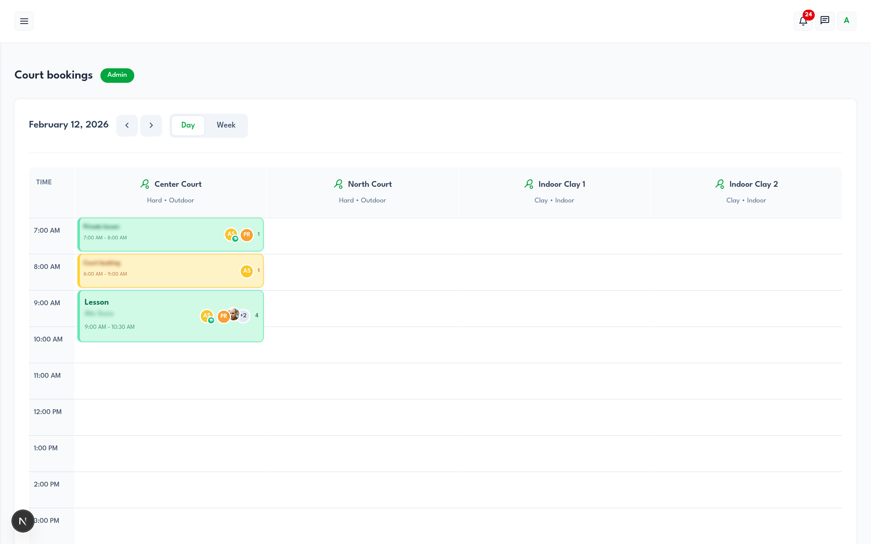Court bookings calendar showing day view with multiple courts, lessons, and booking slots