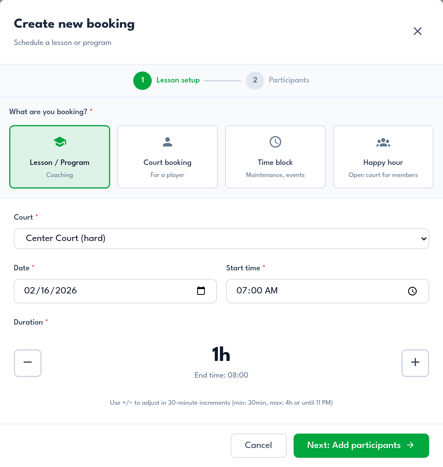 Court booking creation interface with lesson types, court selection, and scheduling options