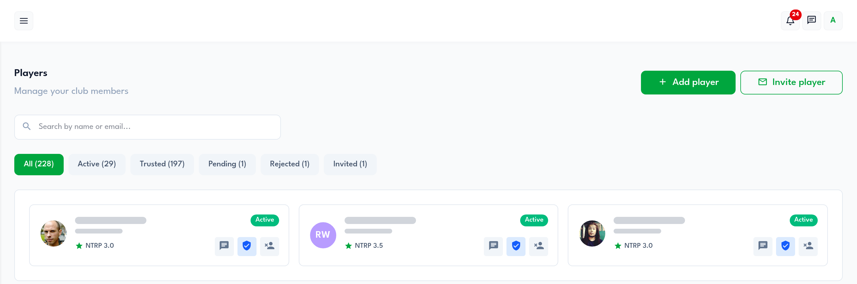 Player portfolio management interface showing member list with search, filters, and player details